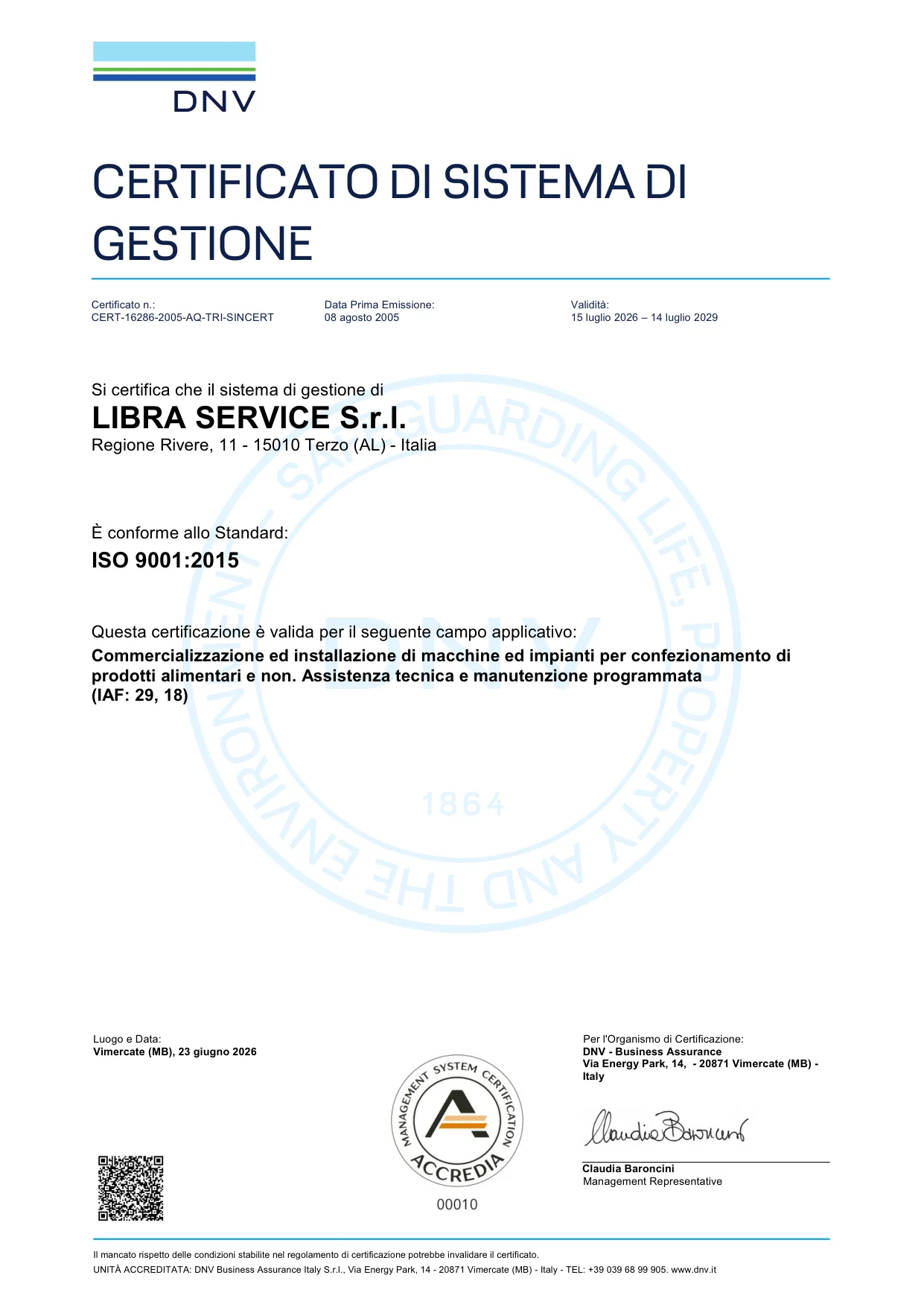 Anteprima del certificato ISO 9001 di Libra Service